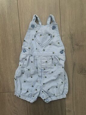 Carter's overalls featuring a blue-and-white pattern & small embroidered bees 9m